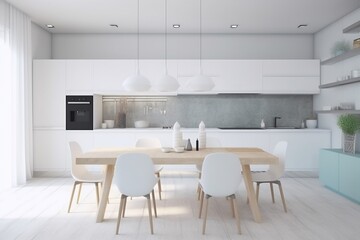 interior modern home design kitchen table dining comfortable chair house furniture. Generative AI.