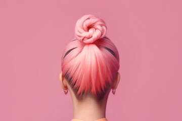 Modern hairstyle bun on pink hair back view close-up, created with Generative AI technology.
