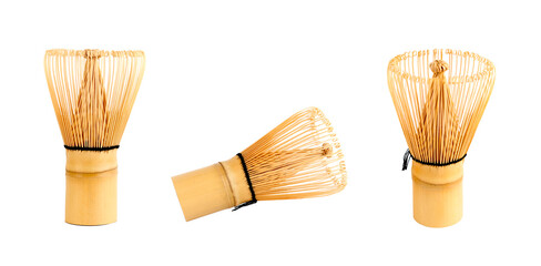 Green tea maker tool on white background. Bamboo tea whisk for matcha.