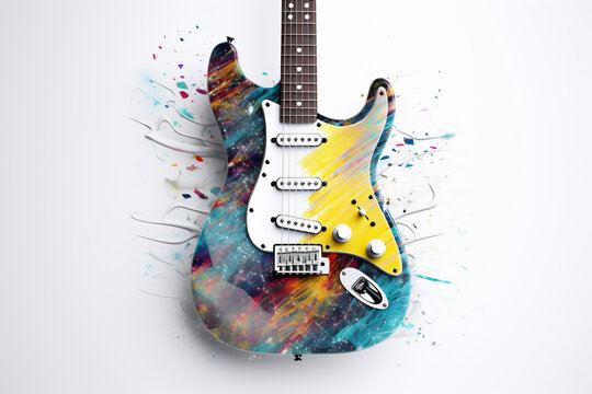 Electric guitars with a rainbow paint splashing on it on a white background. Stylish creative colors. Generative AI.