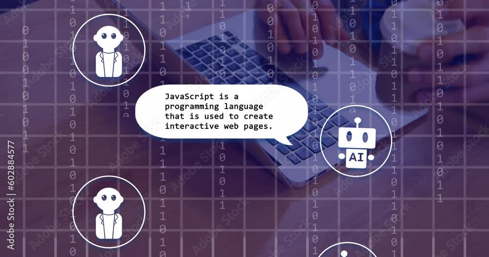 Poster animation of ai text, icons and data processing over caucasian man using laptop