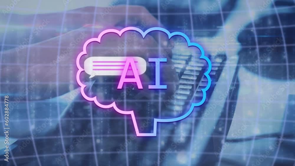 Poster animation of ai text, icons and data processing over caucasian man using computer