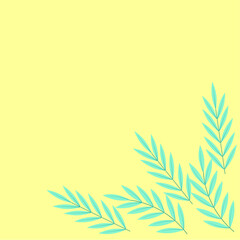 Background, green twigs with long leaves at the bottom right, on a yellow background, with a place for text, inscriptions. Postcard, congratulations, banner, social media post, website design