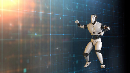 Futuristic world robots are running. Presentation of technology with robots.  3d rendering action of robot.