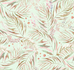 Seamless watercolor botanical pattern with tropical palm leaves in boho style for textile