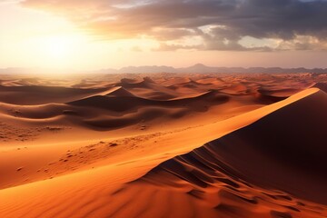 Naklejka na ściany i meble The Sahara desert stretches endlessly, its dramatic landscape captivating the senses. Vast dunes rise and fall, sculpted by the wind. Generative AI