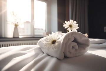 Fototapeta na wymiar modern window comfortable welcome bath spa bed towel flower bedchamber. Generative AI.