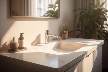 Naklejka na ściany i meble interior sunlight bathroom house counter faucet sink luxury bright modern design. Generative AI.
