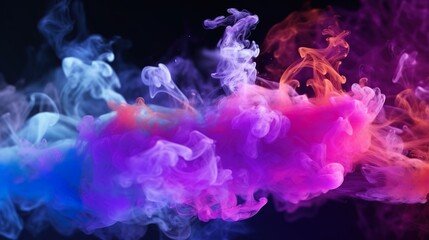 Color mist. Glitter smoke. Paint water splash. Magic potion. Purple pink glowing sparkling particles fog floating on dark black abstract art background with free space