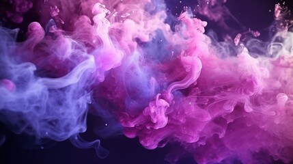 Fototapeta premium Color mist. Glitter smoke. Paint water splash. Magic potion. Purple pink glowing sparkling particles fog floating on dark black abstract art background with free space
