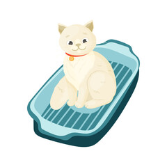 Cat sitting in cat litter box. Cartoon vector illustration. 