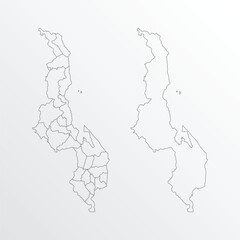 Black Outline vector Map of Malawi with regions on white background