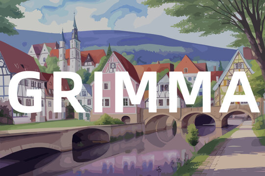 Grimma: Beautiful painting of an German town with the name Grimma in Sachsen