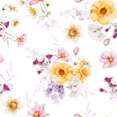 Naklejka na ściany i meble Seamless pattern with wildflowers in a watercolor style
