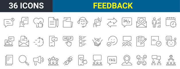 Feedback set of 36 Outline Icon. Thin Line Set contains such Icons as Rating, Testimonials, Quick Response, Satisfaction and more. Simple web icons set.