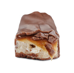 Piece of tasty chocolate bar with caramel isolated on white