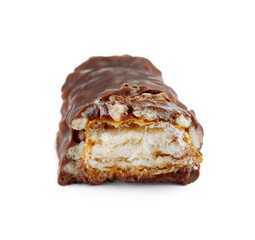 Piece of tasty chocolate bar with caramel isolated on white