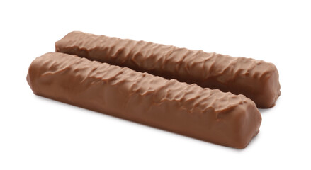 Sweet tasty chocolate bars on white background