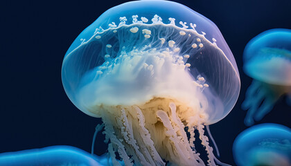 Obraz premium Captivating Luminous Jellyfish Underwater, Creating a Mesmerizing Display of Bioluminescence and Marine Beauty, bioluminescent organisms, marine biology, aquatic, ocean exploration, underwater, 