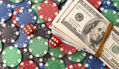 Poker combination with chips and win dollars in casino table. gambling