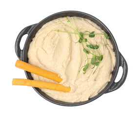 Delicious hummus with grissini sticks on white background, top view