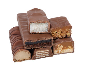 Pieces of different tasty chocolate bars on white background