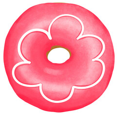 Watercolor strawberry donut with white chocolated jam illustration.