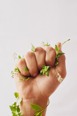 Woman hand, holding plants and fist for eco warrior, fight and revolution for sustainability...