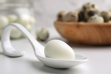 Fototapeta na wymiar One boiled quail egg in spoon on white table, closeup. Space for text