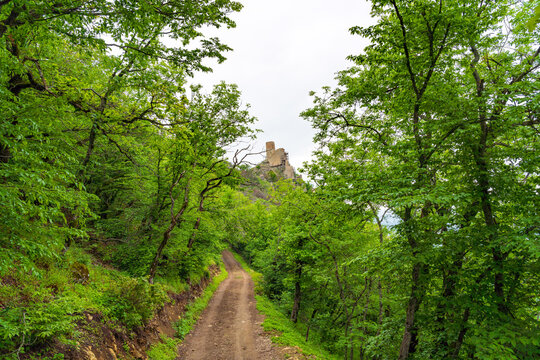 Dirt road to the ancient Chirag Gala tower in Azerbaijan
