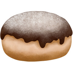 Watercolor chocolate boston cream donut with icing. Watercolor illustration.
