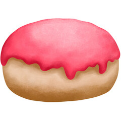 Watercolor strawberry boston cream donut isolated on transparent background.
