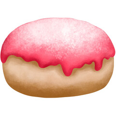 Watercolor strawberry boston cream donut with icing clipart. Watercolor dessert illustration.