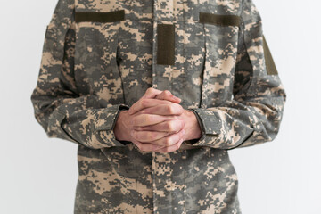 Closeup Shot Of Clasped Hands Of Unrecognizable Soldier In Camouflage Army Uniform, Military man
