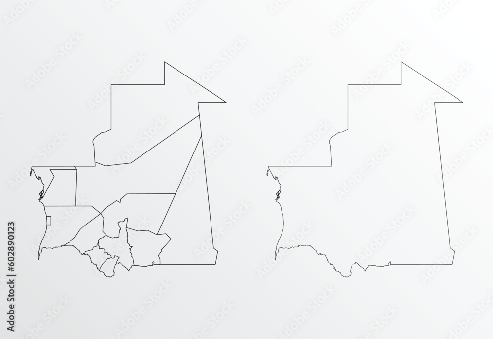 Wall mural black outline vector map of mauritania with regions on white background