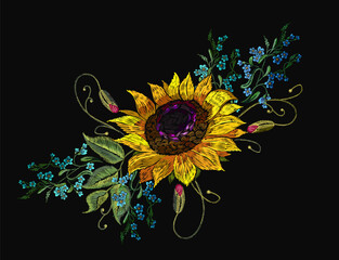Embroidery meadow flowers and sunflower. Summer nature fashion colorful template for clothes, tapestry, t-shirt design