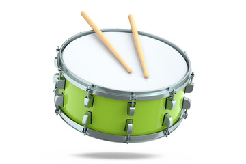 Fototapeta na wymiar Realistic drum and wooden drum sticks on white. 3d render of musical instrument