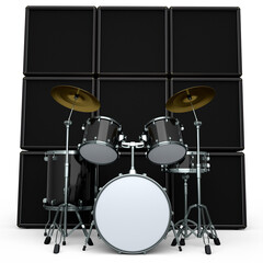 Set of realistic drums with metal cymbals or drumset and amplifier on white