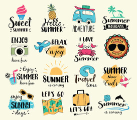Summer labels, logos, hand drawn tags and elements set for summer holiday, travel, beach vacation, sun. Summer holiday background. Vector illustration. 