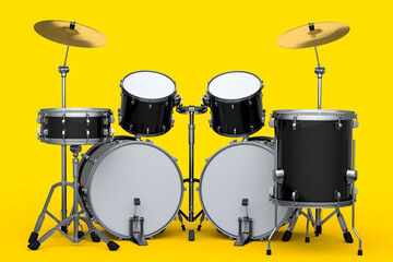 Fototapeta na wymiar Set of realistic drums with metal cymbals or drumset on yellow background