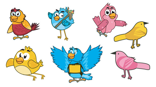Cartoon bird character set. with different poses and emotions isolated on white background. Illustration of color bird animal. Vector illustration