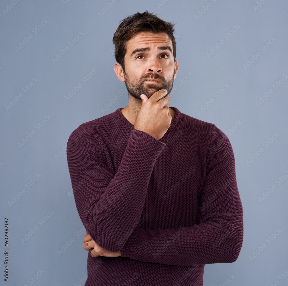 Aufkleber thinking, confused and face of man in studio with unsure, uncertain and thoughtful on gray backgroun