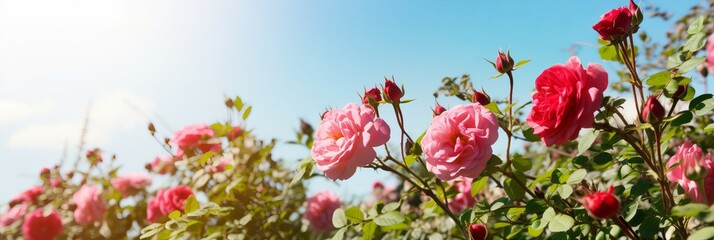 A stunning spring border, a blooming rose bush in the foreground, pink and red roses in full bloom, a soft selective focus creating a dreamy atmosphere, a blue sky in the background, Generative AI