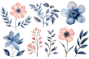 Obraz premium Beautiful set Watercolor flower and leaves element collection. Generative AI