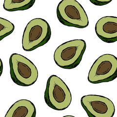 Seamless avocado print. Summer mood background. Healthy food seamless pattern on white.