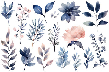 Beautiful set Watercolor flower and leaves element collection. Generative AI