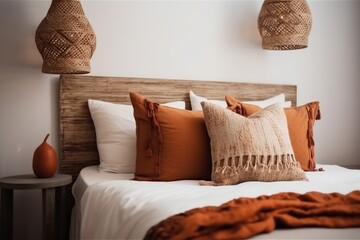 interior home fall decor orange design flat modern bed pillow lamp. Generative AI.