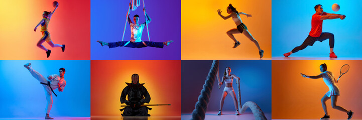 Collage. Different sportsment, basketball, volleyball, combat sport, acrobat, tennis athletes in...