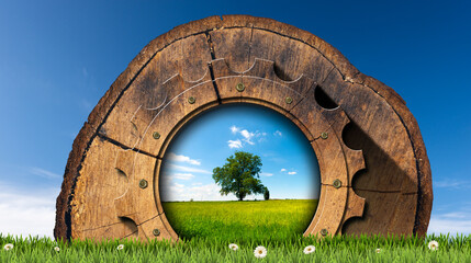 Section of a tree trunk with wooden cogwheel on a green meadow with daisies flower against a clear blue sky. Sustainable resources concept. 