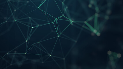 Abstract connected dots and lines on blue background. Communication and technology network concept with moving lines and dots.